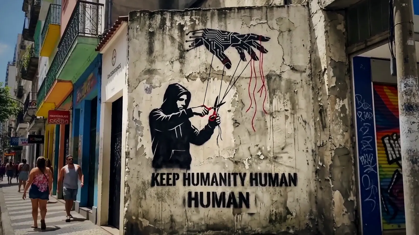 Concept artwork from The Institute showing a Keep Humanity Human mural